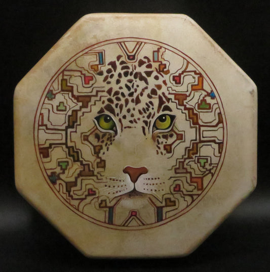 Shaman Drum Hand Made and Hand Painted Jaguar Made in Sacred Valley Peru