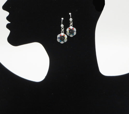 Flower of Life and Pachamama Spiral Earrings 950 Silver with Stone and Abalone Inlay Peru Sacred Valley EJV15