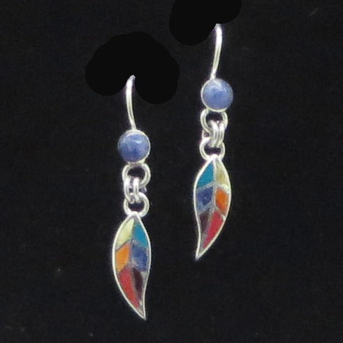 Coca Leaf Earrings 950 Silver with Stone Inlay Peru Sacred Valley EJV7