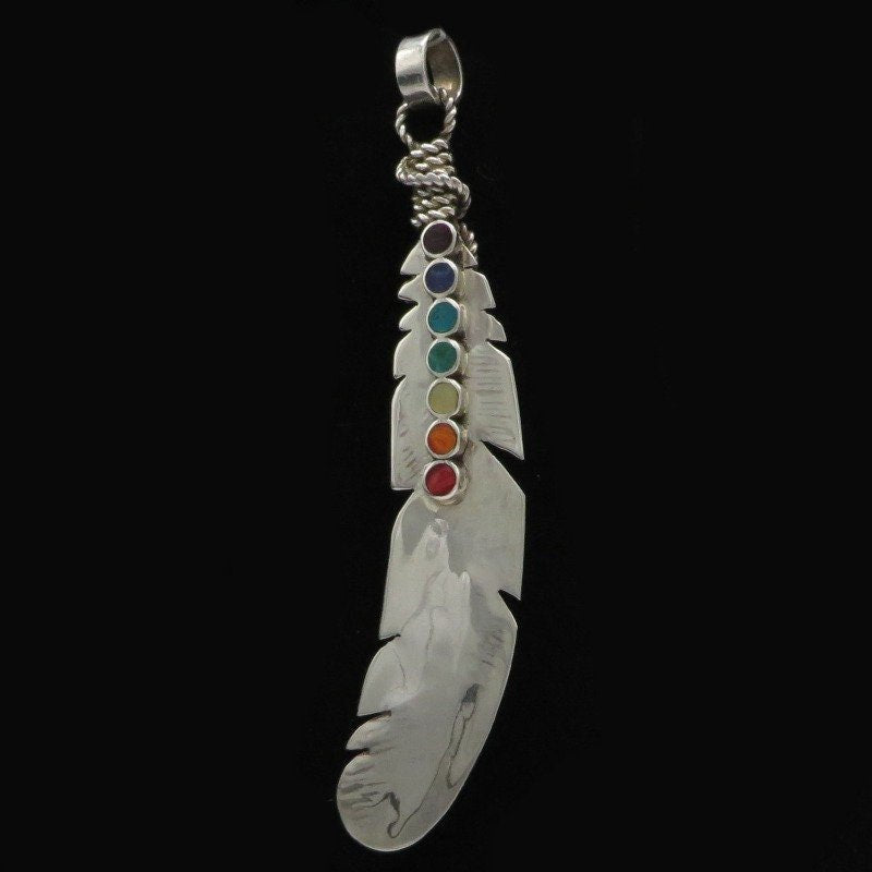Feather Pendant Seven Chakras Peru Silver with Stone Inlay Sacred Valley PF1 - Shaman Things