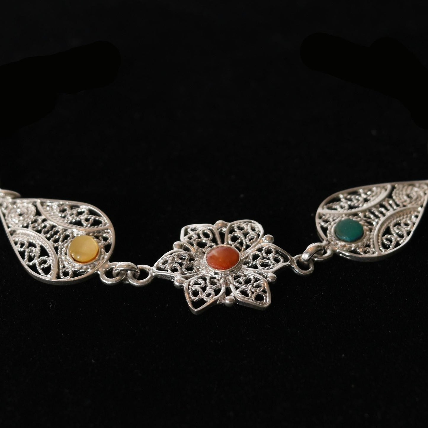 Floral Filigree Bracelet Multi - colored Stones Peru 950 Silver Sacred Valley B52502 - Shaman Things