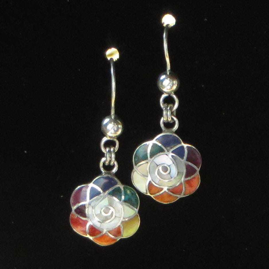 Flower of Life Earrings 950 Silver with Stone and Abalone Inlay Peru Sacred Valley EJVB13 - Shaman Things