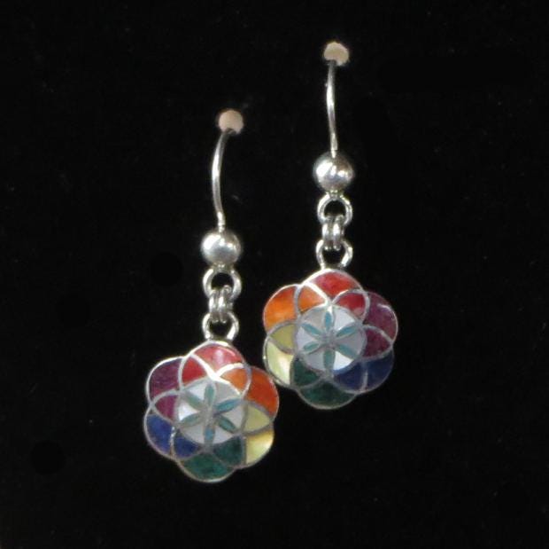 Flower of Life Earrings 950 Silver with Stone and Abalone Inlay Peru Sacred Valley EJVB7 - Shaman Things