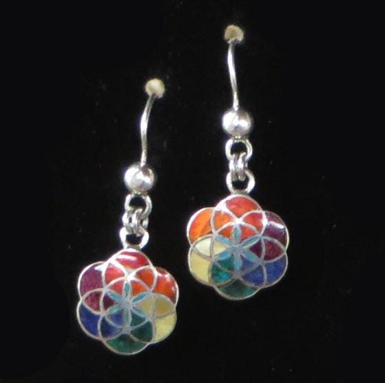 Flower of Life Earrings 950 Silver with Stone Inlay Peru Sacred Valley EJVB11 - Shaman Things