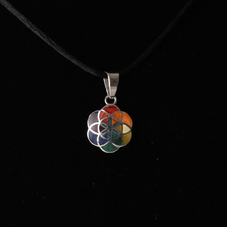 Flower of Life Mandala Pendant with Stone and Abalone Inlay Peru 950 Silver Sacred Valley P52537 - Shaman Things