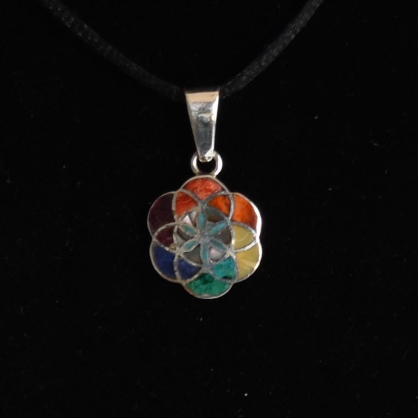 Flower of Life Mandala Pendant with Stone Inlay Peru 950 Silver Sacred Valley PJVB32 - Shaman Things