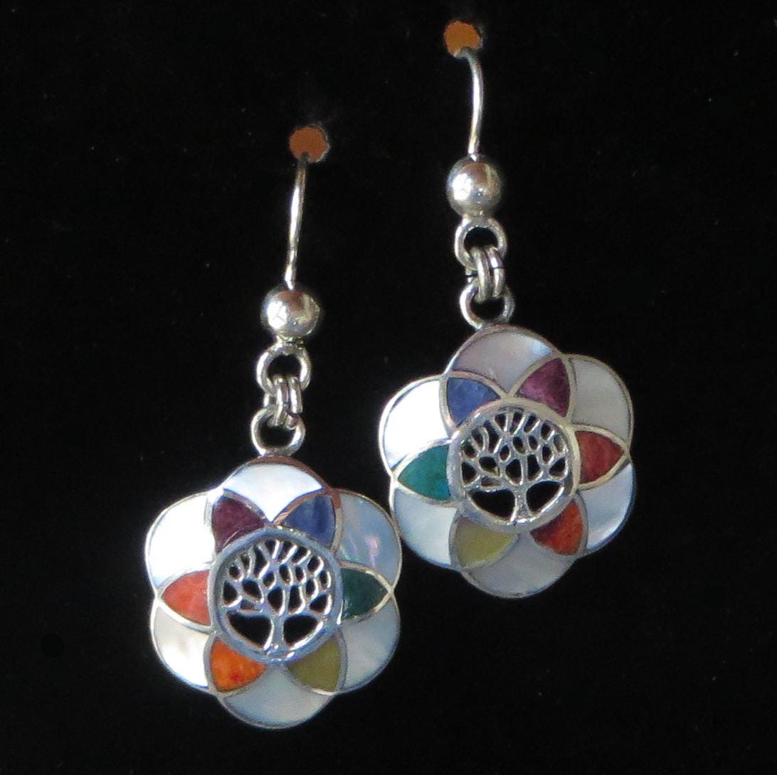 Flower of Life with Tree of Life Earrings 950 Silver with Stone and Abalone Inlay Peru Sacred Valley EJVB15 - Shaman Things