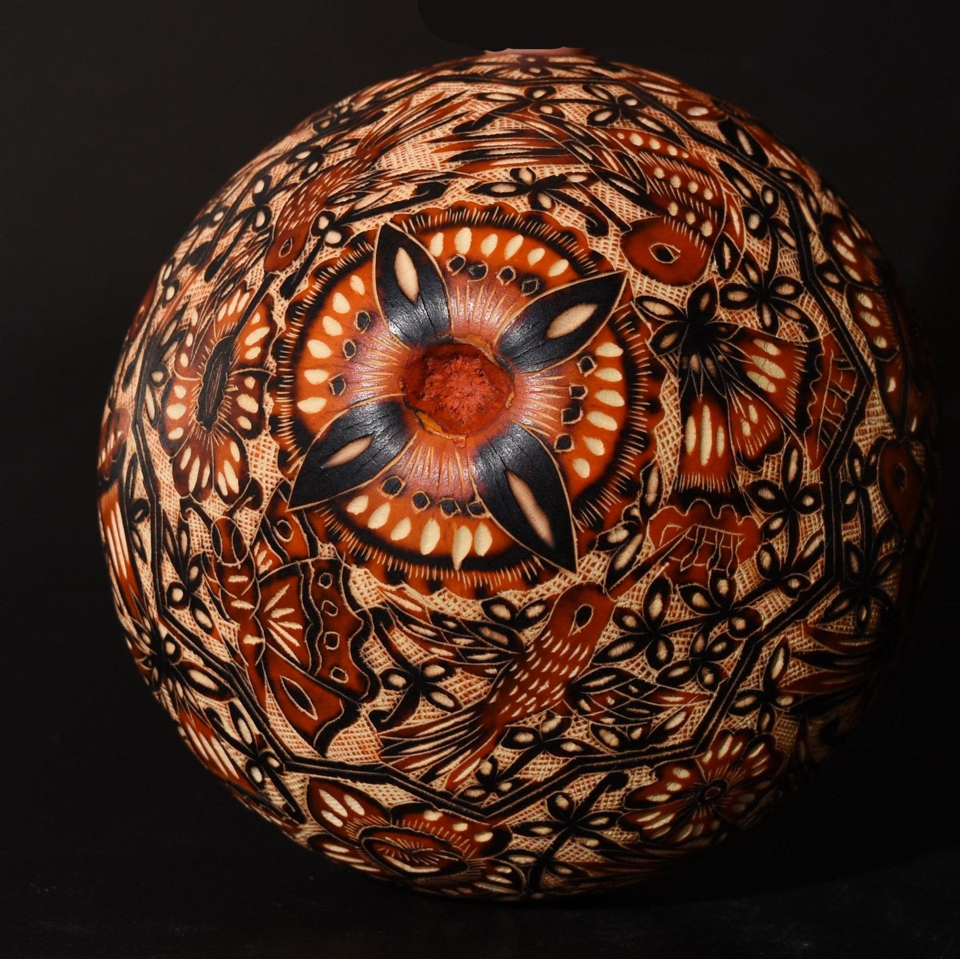 Folk Art Carved Gourd Birds Flowers hand carved Sacred Valley Peru G52502 - Shaman Things