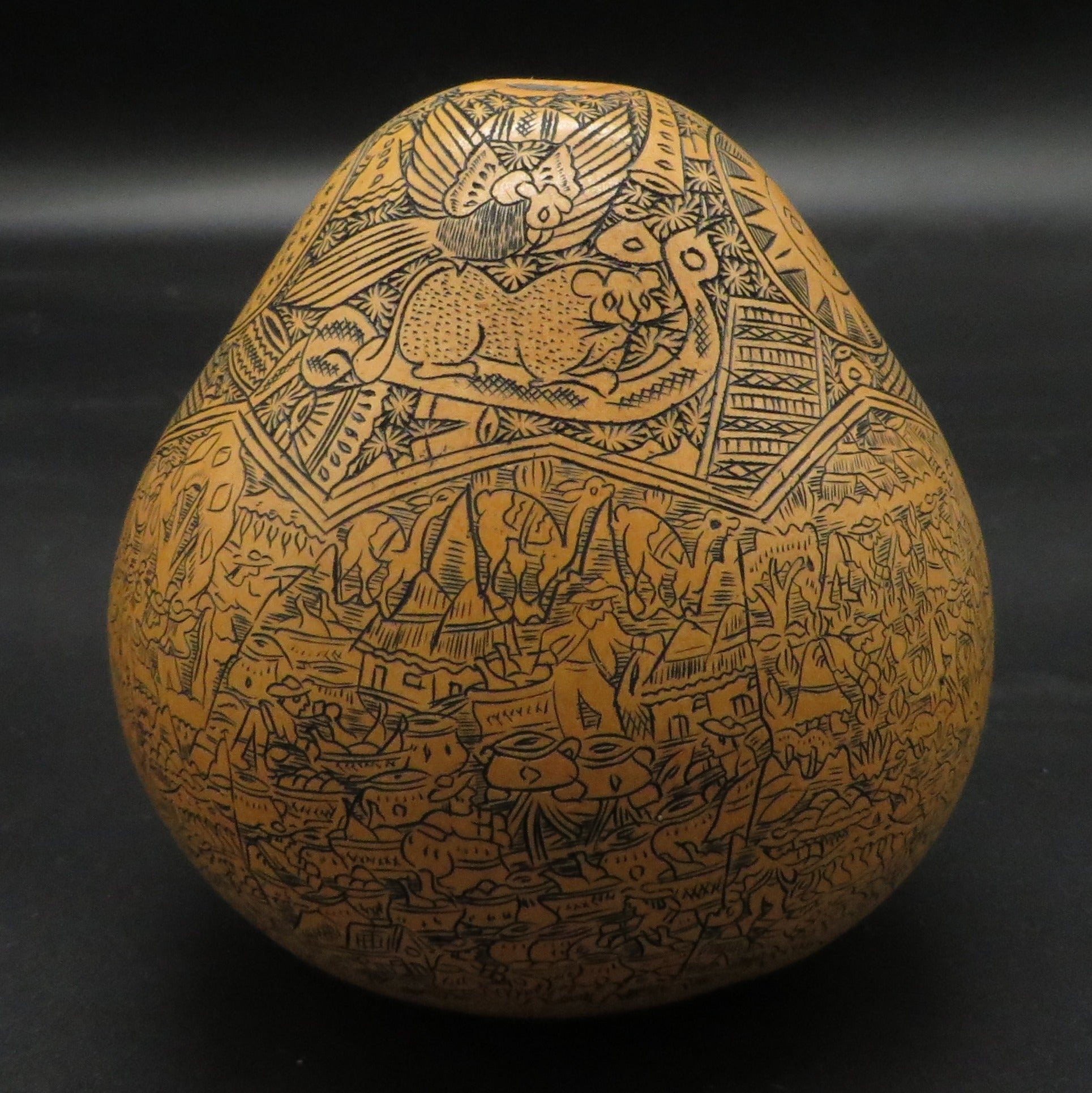 Folk Art Carved Gourd Sun Moon Condor Puma Serpent Daily Life hand carved Sacred Valley Peru P236 - Shaman Things