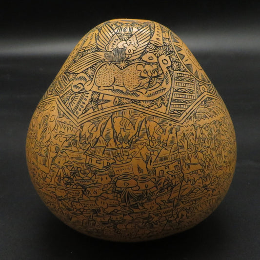 Folk Art Carved Gourd Sun Moon Condor Puma Serpent Daily Life hand carved Sacred Valley Peru P236 - Shaman Things