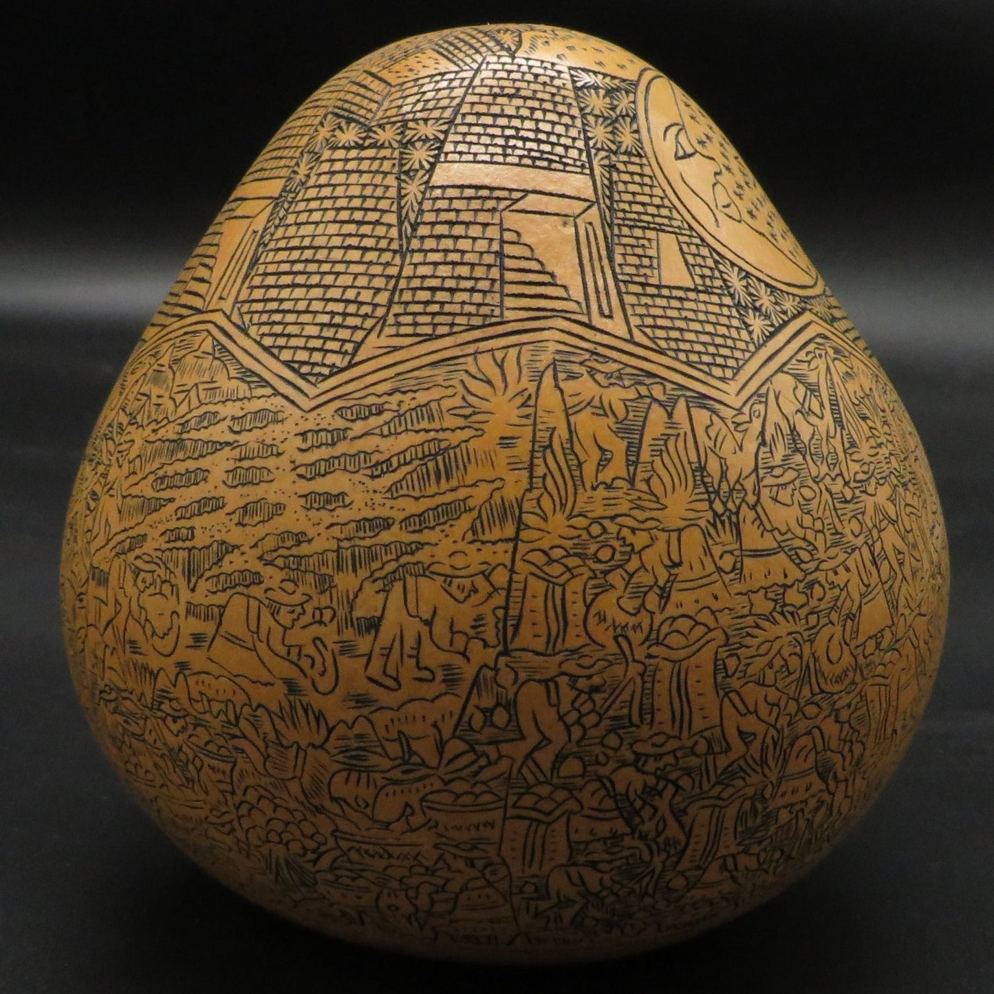 Folk Art Carved Gourd Sun Moon Condor Puma Serpent Daily Life hand carved Sacred Valley Peru P236 - Shaman Things