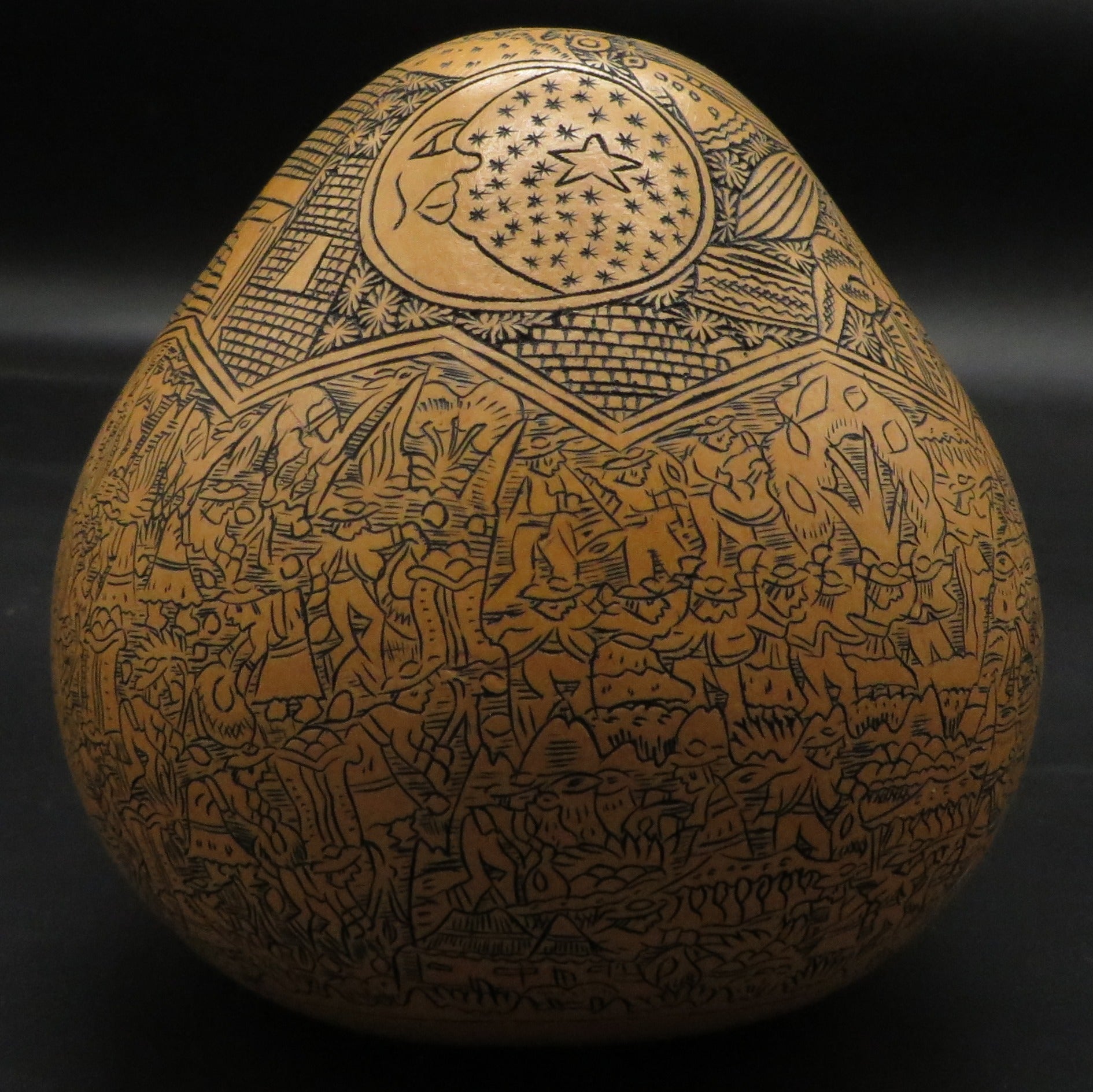 Folk Art Carved Gourd Sun Moon Condor Puma Serpent Daily Life hand carved Sacred Valley Peru P236 - Shaman Things