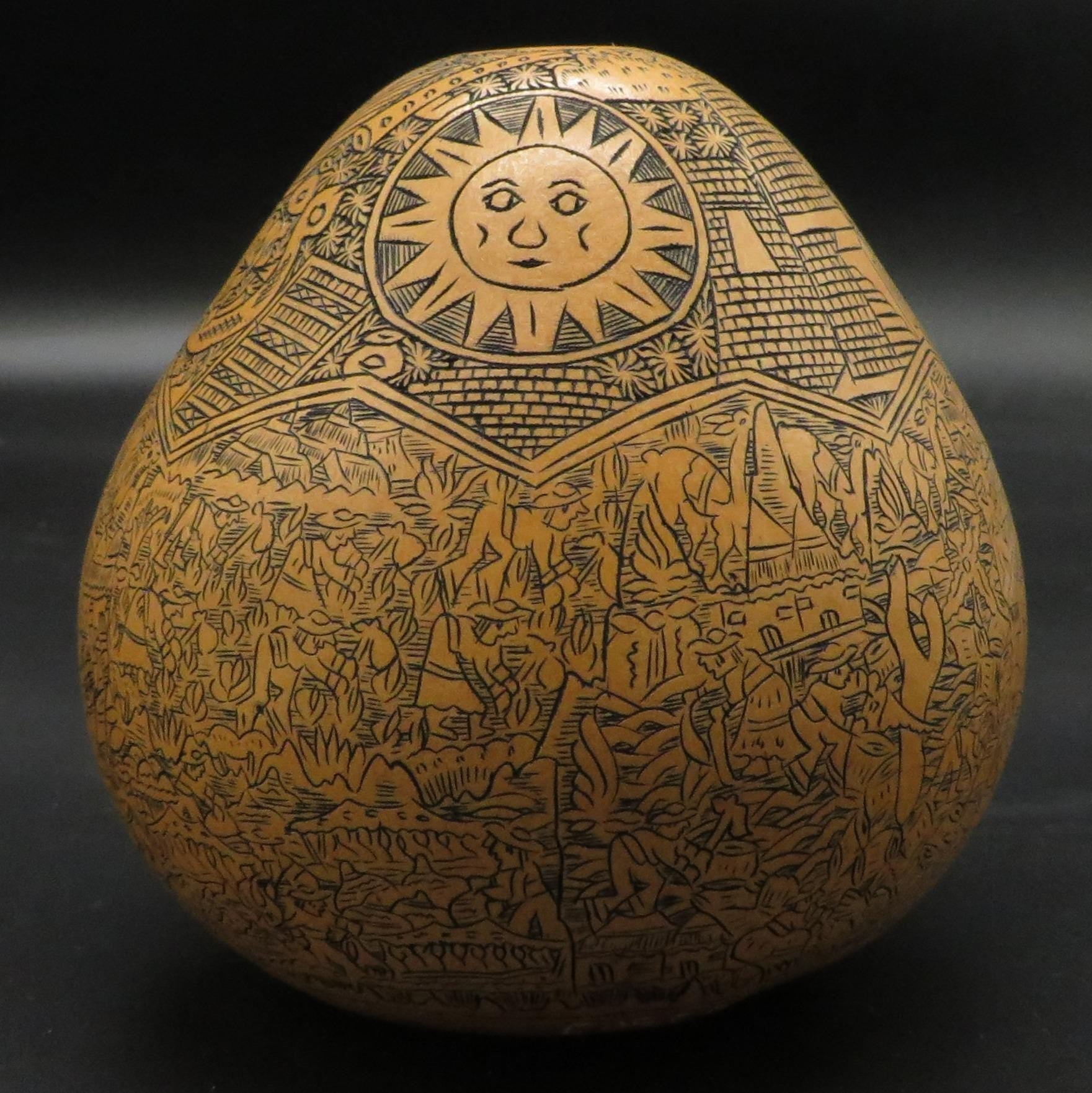 Folk Art Carved Gourd Sun Moon Condor Puma Serpent Daily Life hand carved Sacred Valley Peru P236 - Shaman Things