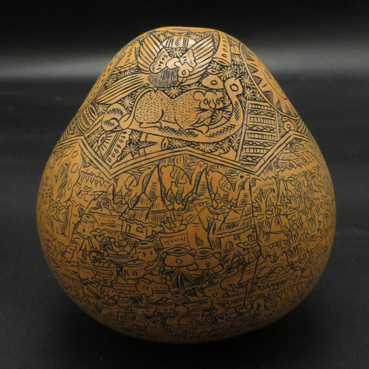 Folk Art Carved Gourd Sun Moon Condor Puma Serpent Daily Life hand carved Sacred Valley Peru P236