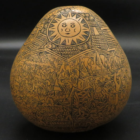 Folk Art Carved Gourd Sun Moon Condor Puma Serpent Daily Life hand carved Sacred Valley Peru P236
