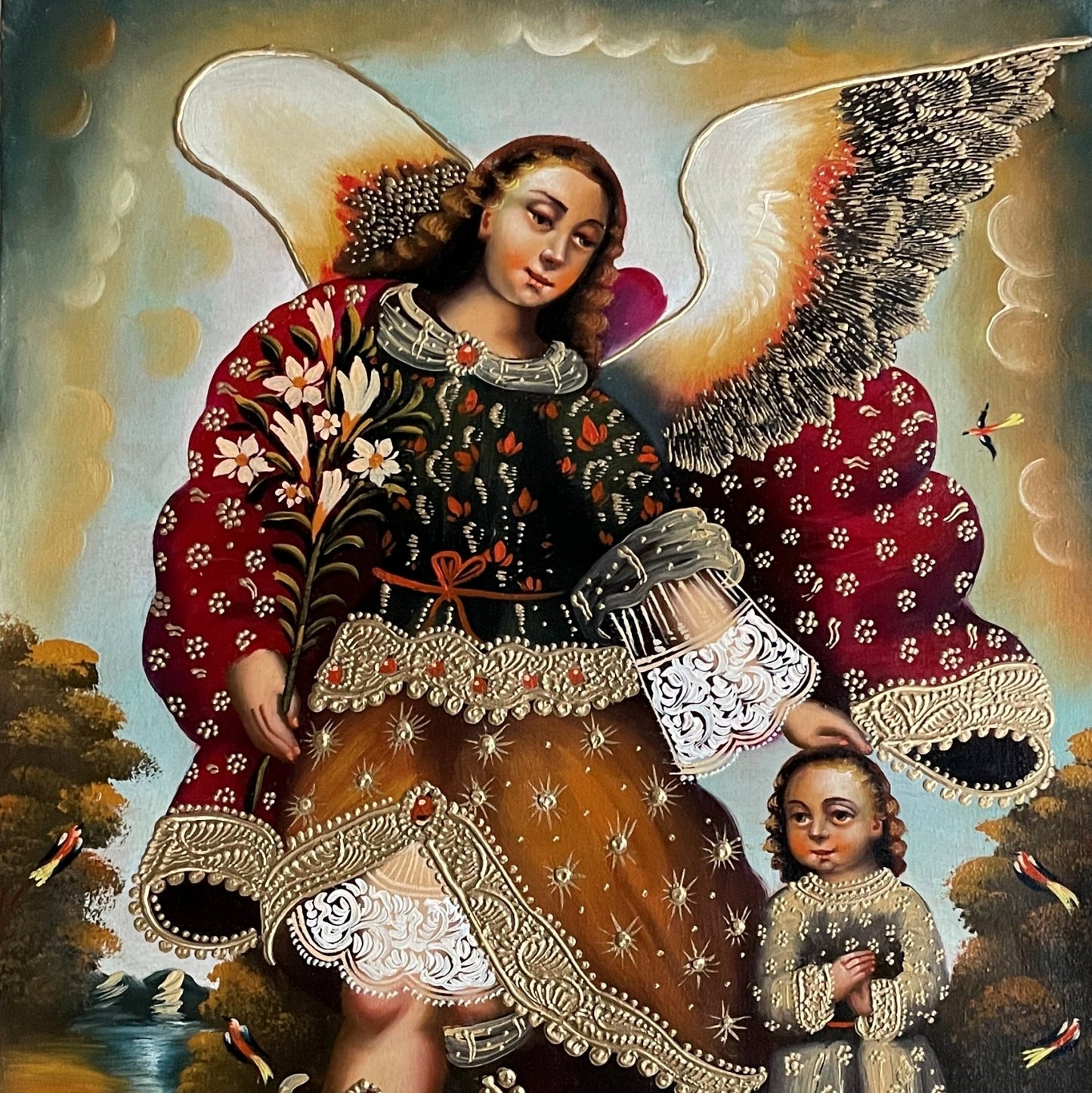 Guardian Angel / Angel de La Guarda Original Painting Oil on Canvas Cusco School 11 1/2 x 15 1/2 CS52539 - Shaman Things