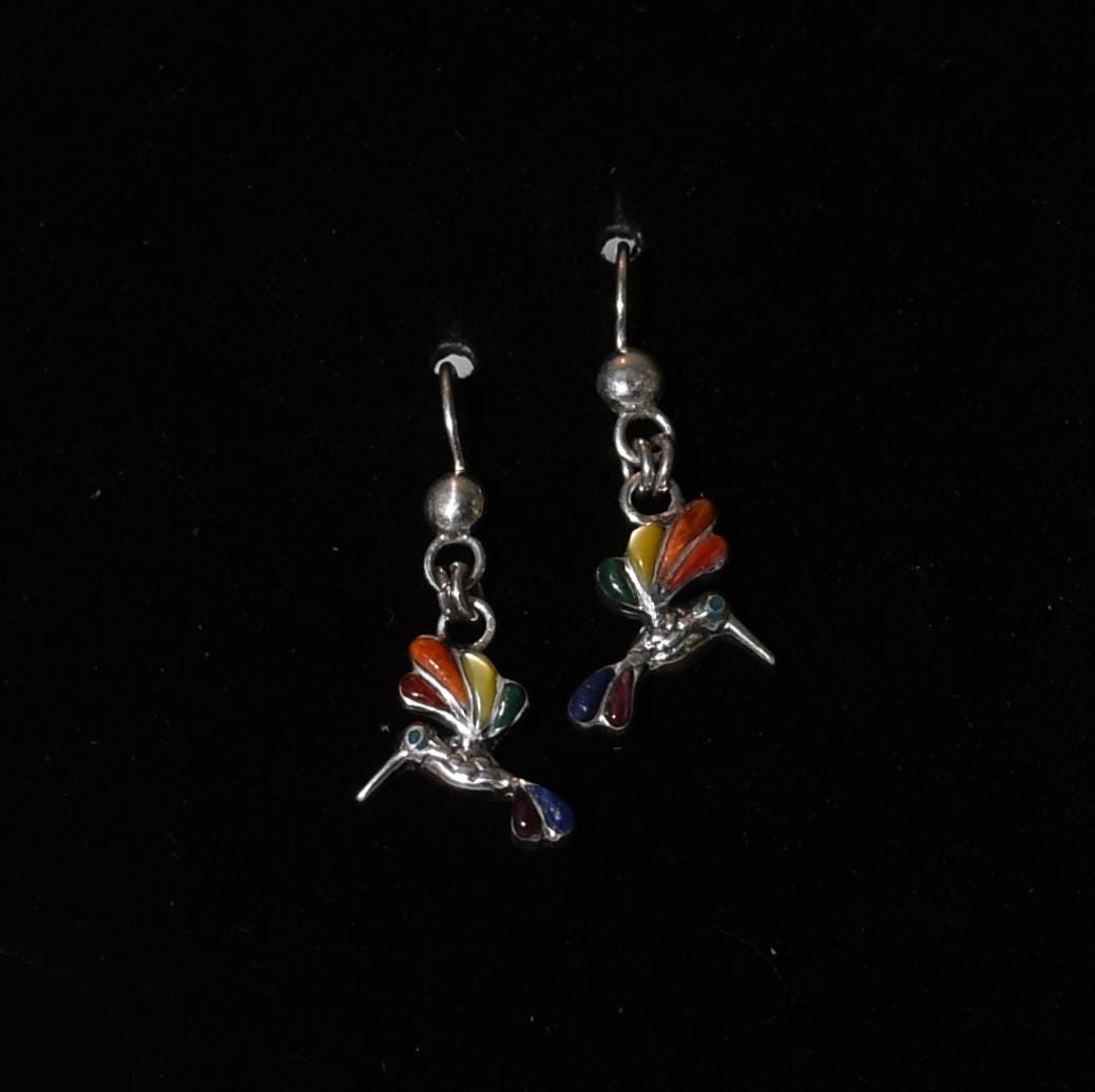 Hummingbird Earrings 950 Silver with Stone Inlay Peru Sacred Valley E52506 - Shaman Things