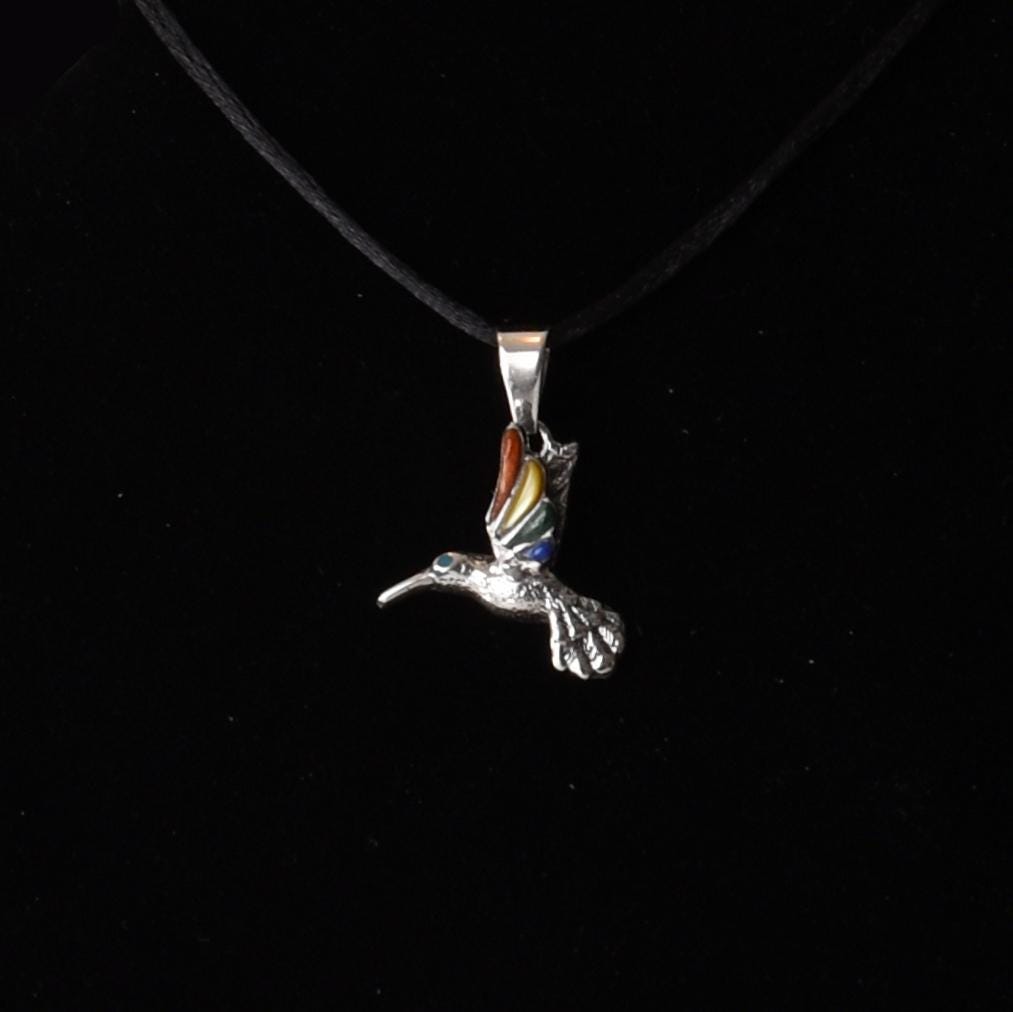 Hummingbird Pendant with Stone Inlay Peru 950 Silver Sacred Valley P52530 - Shaman Things