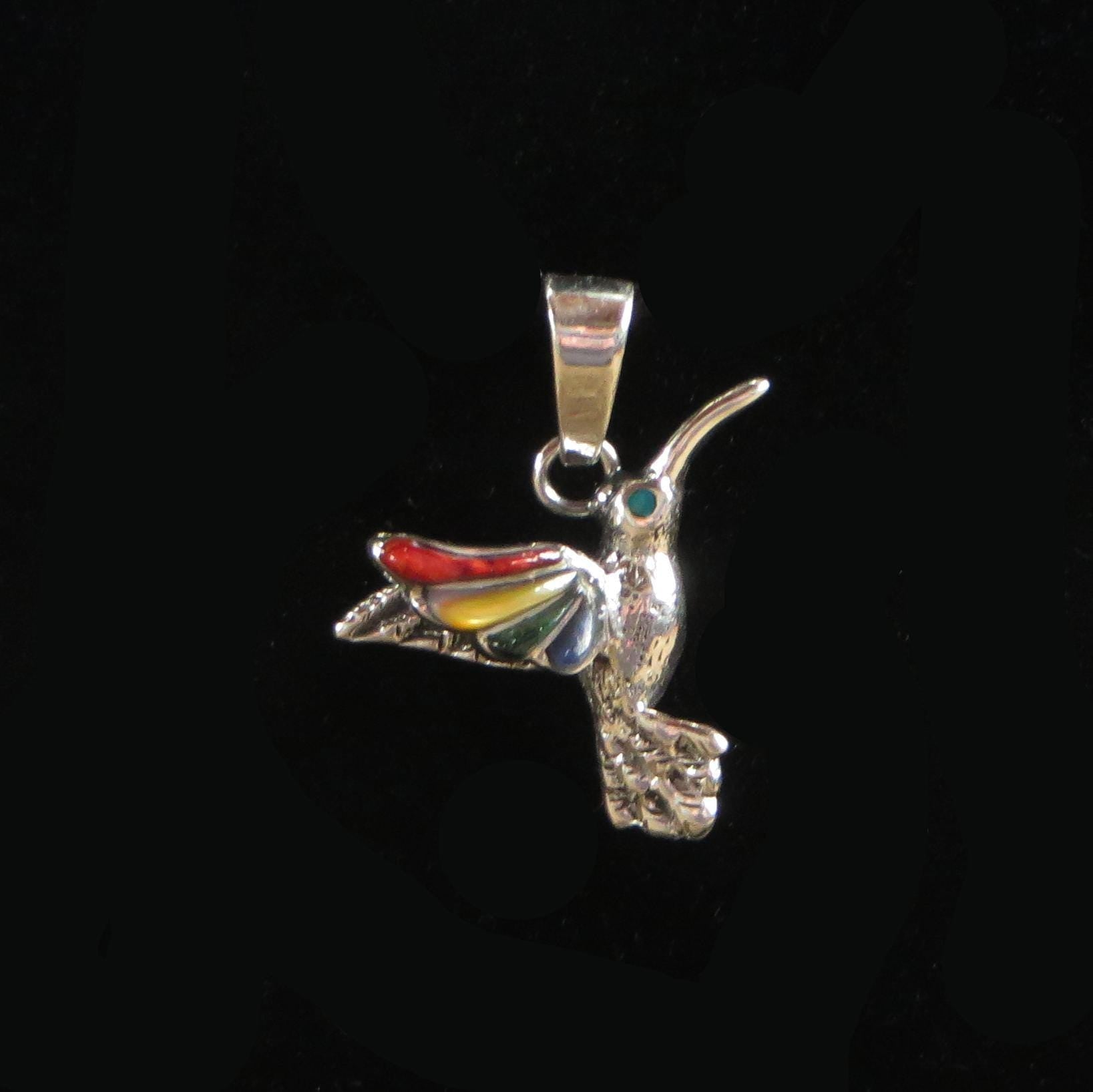 Hummingbird Pendant with Stone Inlay Peru 950 Silver Sacred Valley PJVB3 - Shaman Things