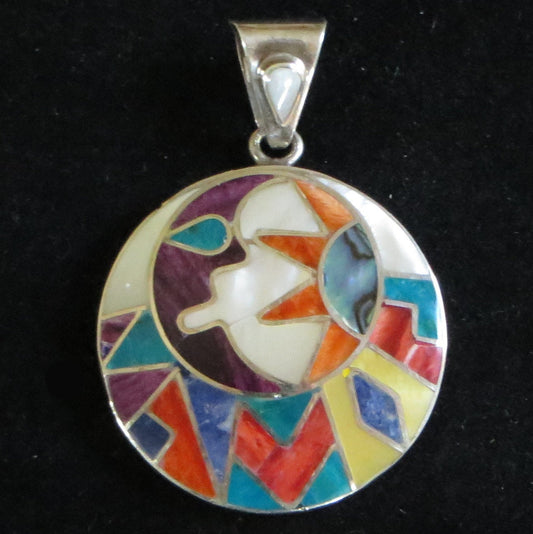 Sun and Moon Pendant with Incan Calendar Stone Inlay Peru 950 Silver Sacred Valley PE426