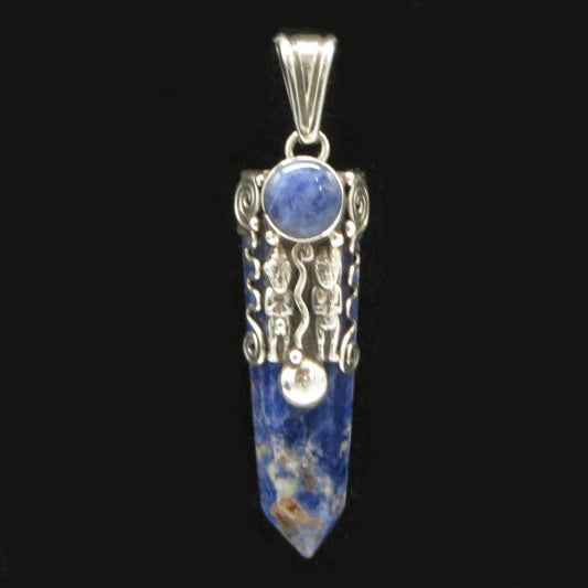 Blue Quartz Point Pendant with Male and Female figures Peru 950 Silver with Stone Inlay Sacred Valley PE415