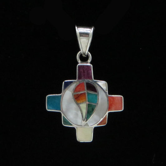 Chakana and Coca Leaf Pendant with Stone and Abalone Inlay Peru 950 Silver Sacred Valley PH11