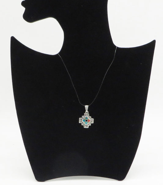 Chakana Pendant with Stone Inlay and Open Work 950 Silver Sacred Valley Peru PH15