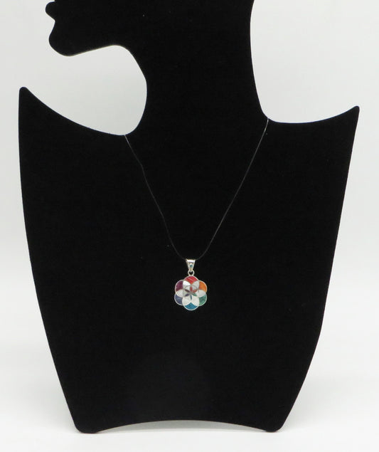 Flower of Life Mandala Pendant with Stone Inlay Peru 950 Silver Sacred Valley PH16