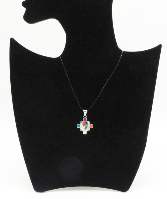 Chakana and Coca Leaf Pendant with Stone and Abalone Inlay Peru 950 Silver Sacred Valley PH11