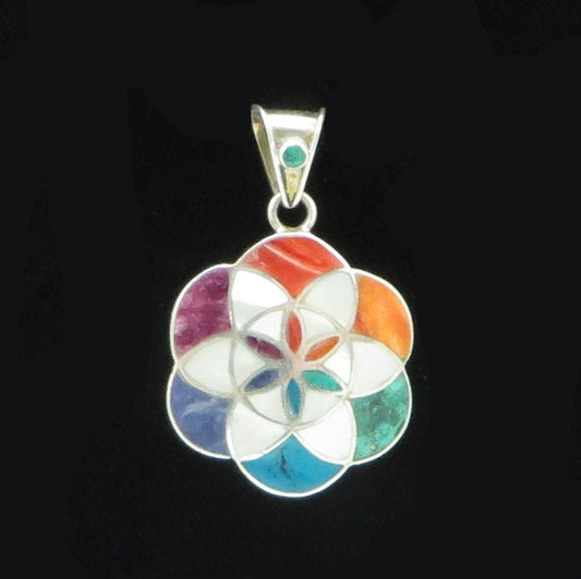 Flower of Life Mandala Pendant with Stone Inlay Peru 950 Silver Sacred Valley PH16