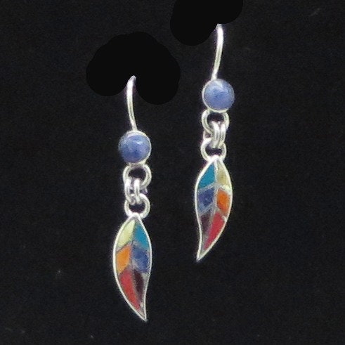 Coca Leaf Earrings 950 Silver with Stone Inlay Peru Sacred Valley EJV7