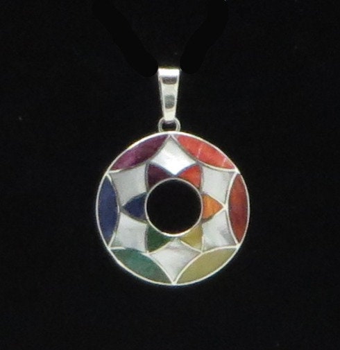 Flower of Life Pendant with Seven Chakra Stones Peru 950 Silver and Stone Inlay Sacred Valley PJV6