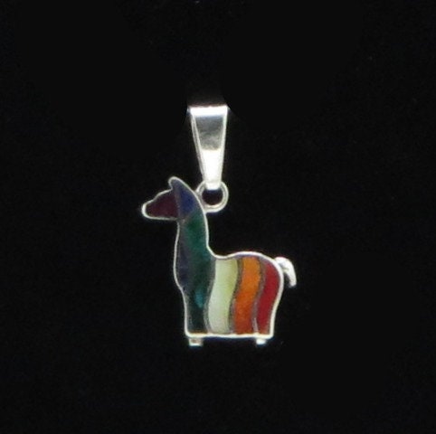 Llama Pendant Silver and Stone Inlay Peru 950 Silver Sacred Valley PJV22