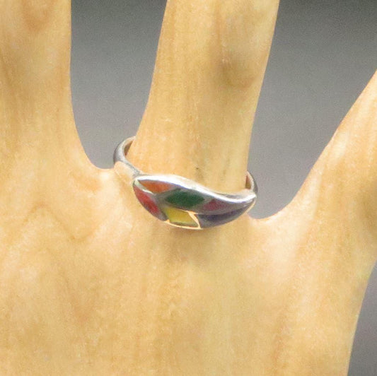Coca Leaf Ring Size 6 1/2 Peru 950 Silver with Stone Inlay Sacred Valley RJVB29
