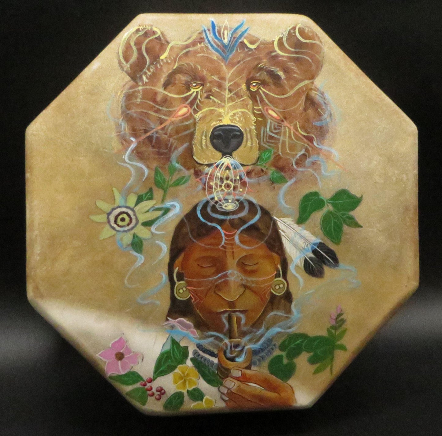 Shaman Drum Hand Made and Hand Painted Bear Shaman Made in Sacred Valley Peru