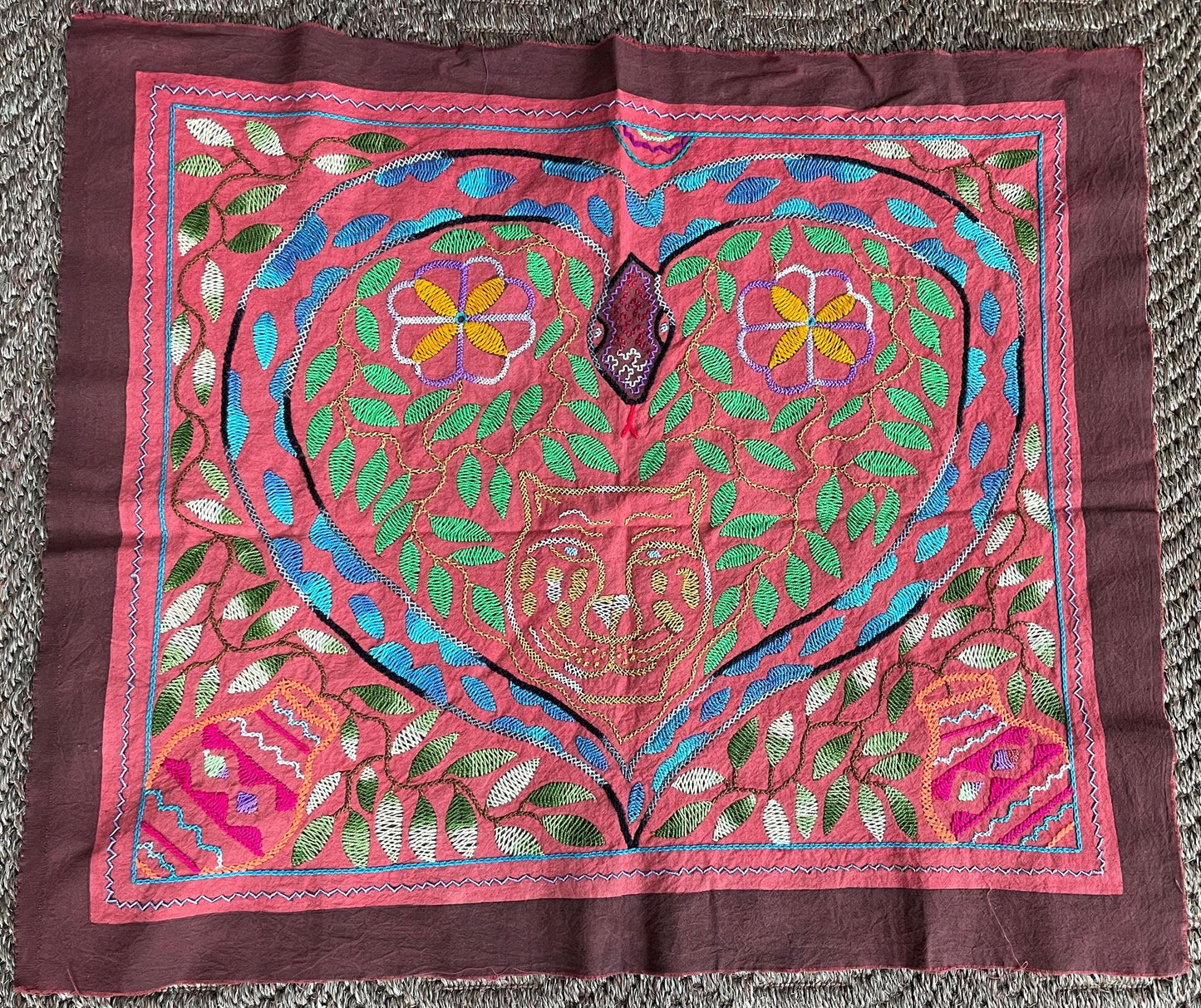Shipibo Hand Embroidered Tapestry Altar Cloth Ayahuasca Jaguar Snake Heart 25" x 29" PF2303