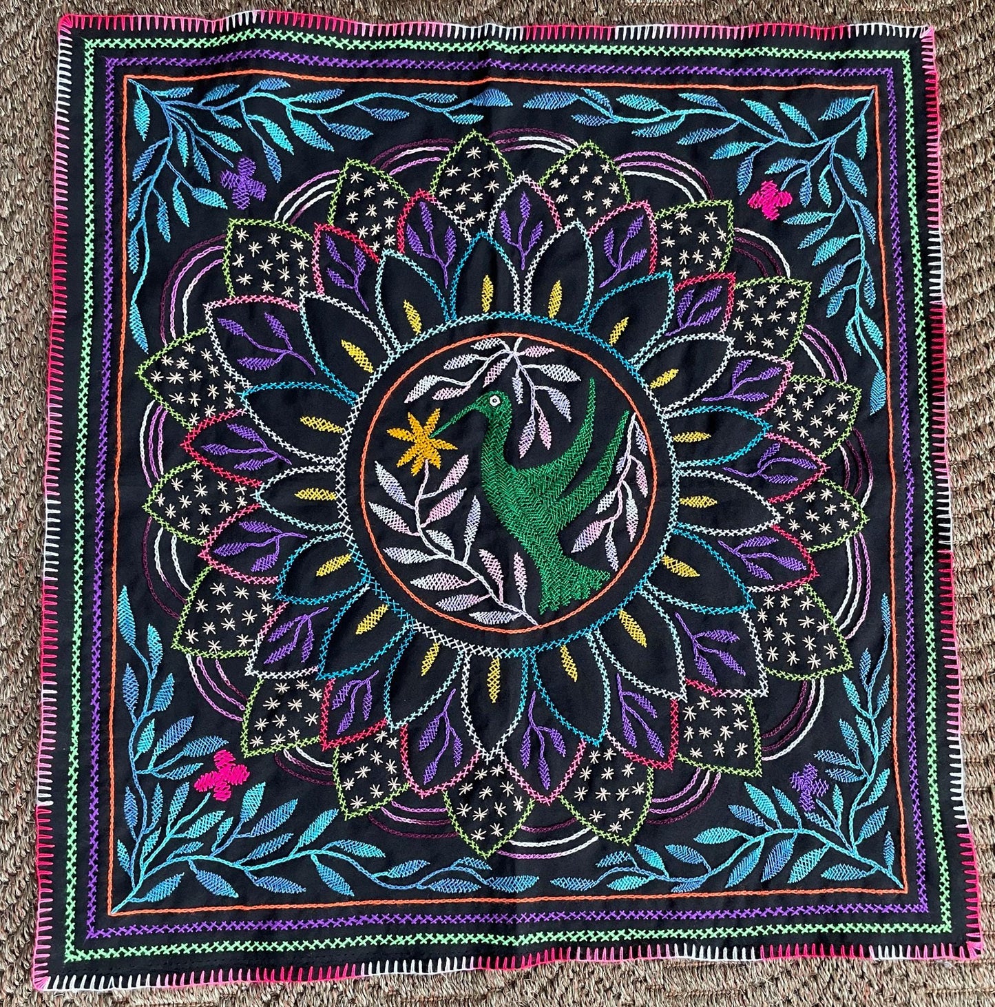 Shipibo Hand Embroidered Tapestry Altar Cloth Ayahuasca Hummingbird 28.5" x 28.5" PF2307