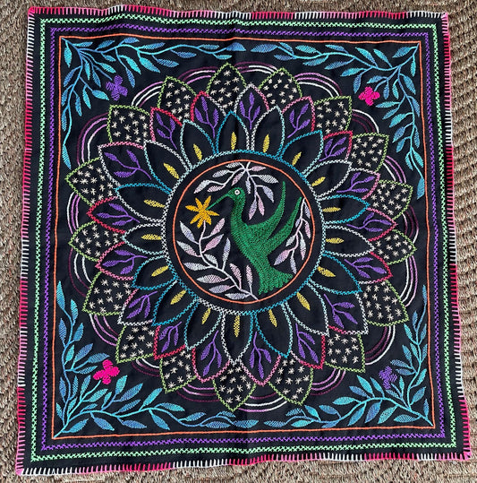 Shipibo Hand Embroidered Tapestry Altar Cloth Ayahuasca Hummingbird 28.5" x 28.5" PF2307
