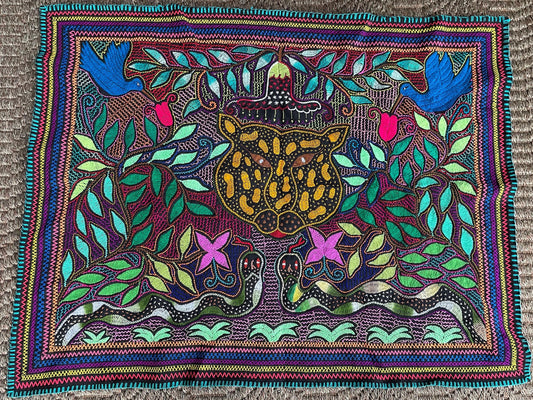 Shipibo Hand Embroidered Tapestry Altar Cloth Ayahuasca Hummingbird Jaguar Snake 28.5" x 36" PF2310