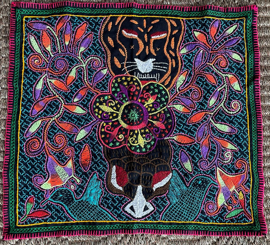 Shipibo Hand Embroidered Tapestry Altar Cloth Ayahuasca Jaguar Hummingbird 18" x 20" PF2311