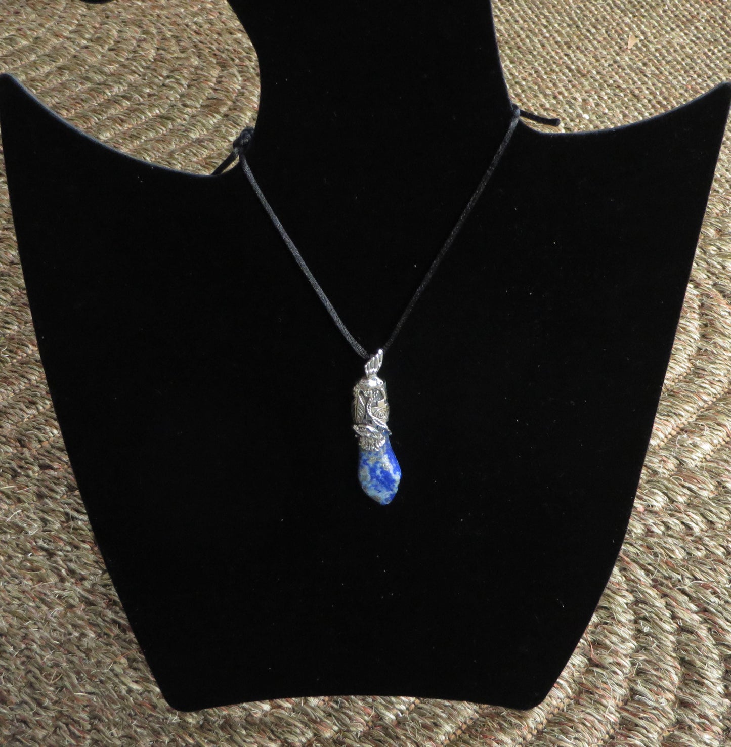 Blue Sodalite Pendant with Hummingbird, Eagle, Chakana, and Coca Leaf Peru 950 Silver Sacred Valley  PJVB5