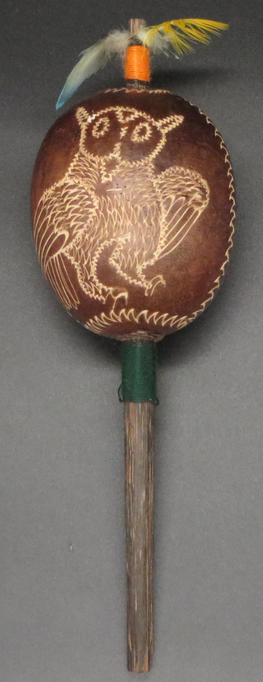 Shipibo Ceremonial Rattle Owl and Shipibo Designs Handcrafted in Amazon Region Peru R2410