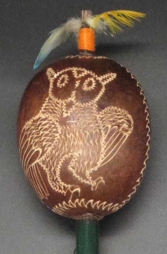 Shipibo Ceremonial Rattle Owl and Shipibo Designs Handcrafted in Amazon Region Peru R2410