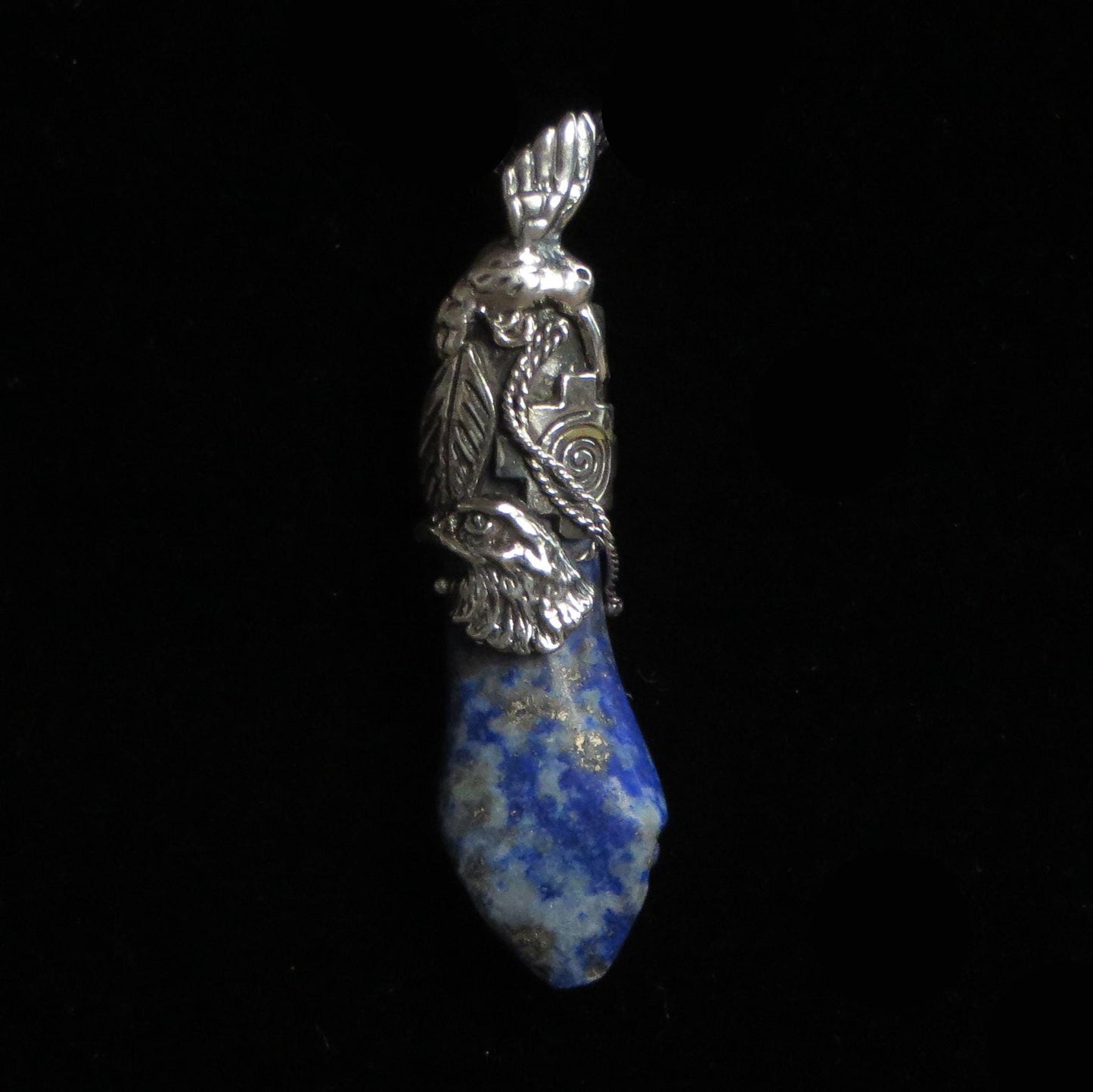 Blue Sodalite Pendant with Hummingbird, Eagle, Chakana, and Coca Leaf Peru 950 Silver Sacred Valley  PJVB5