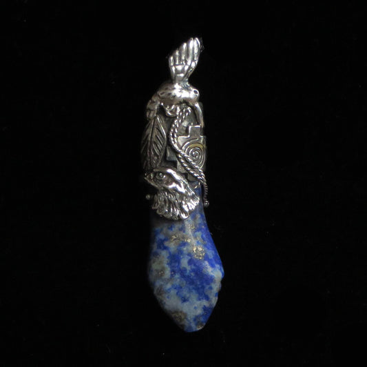 Blue Sodalite Pendant with Hummingbird, Eagle, Chakana, and Coca Leaf Peru 950 Silver Sacred Valley  PJVB5