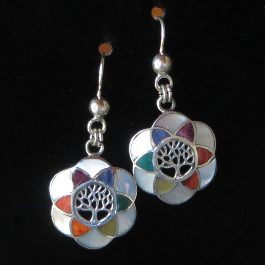 Flower of Life with Tree of Life Earrings 950 Silver with Stone and Abalone Inlay Peru Sacred Valley EJVB15