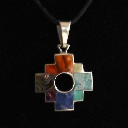 Chakana Pendant Reversible Peru 950 Silver with Stone Inlay Sacred Valley PJVB18