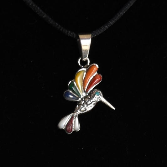 Hummingbird Pendant with Stone Inlay Peru 950 Silver Sacred Valley PJVB24
