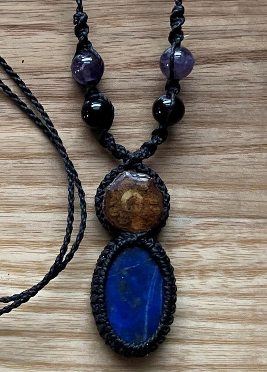 Necklace Ayahuasca Vine Lapis Lazuli Macrame Hand Crafted by Shipibo in Amazon Basin Peru