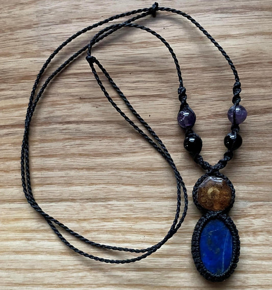 Necklace Ayahuasca Vine Lapis Lazuli Macrame Hand Crafted by Shipibo in Amazon Basin Peru